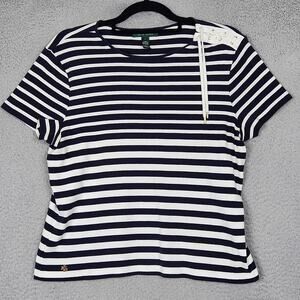 LAUREN RALPH LAUREN Top Womens Large Blue Striped Naval Lace Up Detail Cotton